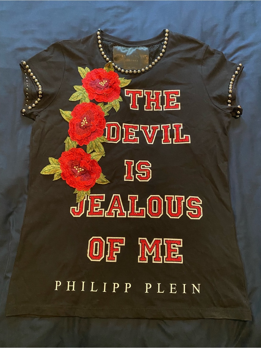 Philipp Plein Black Tee with Red Rose Applique and Gunmetal Studs